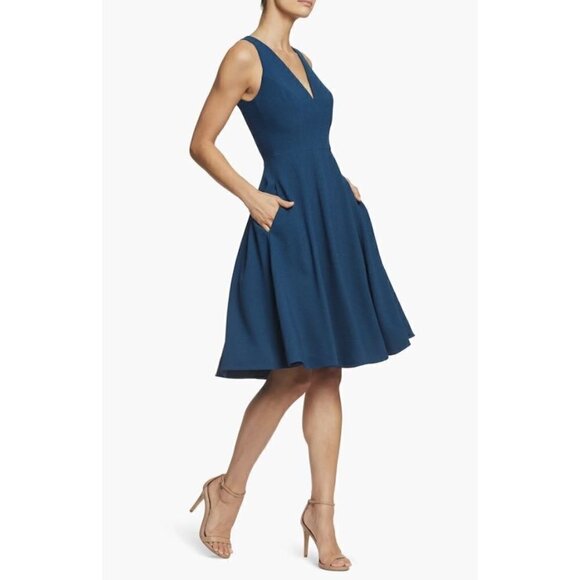 DRESS THE POPULATION Catalina Fit & Flare Cocktail Dress in Peacock Blue X-Small - Picture 11 of 12